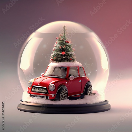 Red car mini cooper snow globe with a Christmas tree on the roof 