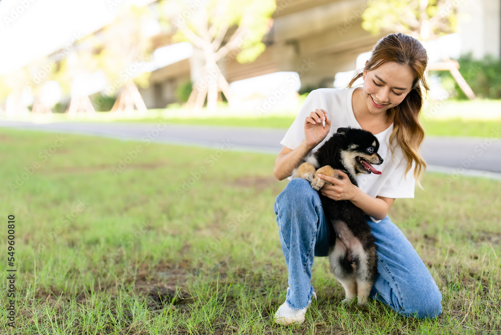 Happy young asian woman playing and sitting on grass in the park with her dog. Pet lover concept