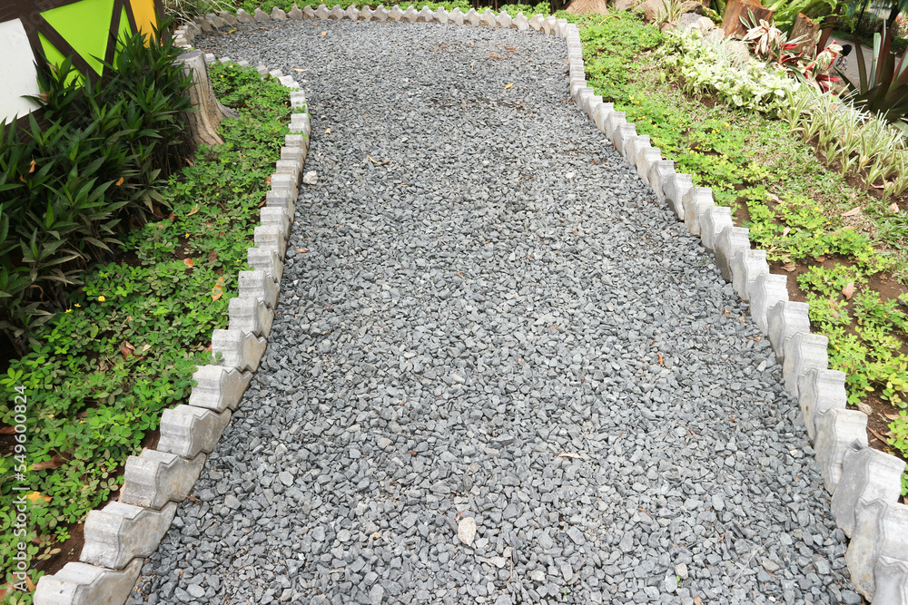 Design garden with fresh plants around and stones on the way