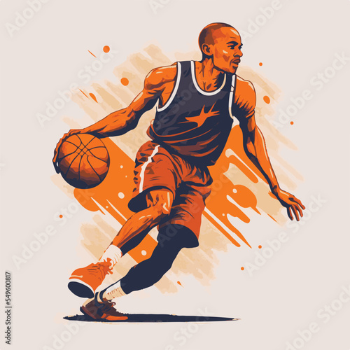 Basketball player with ball playing professional basketball motion sport action, vector illustration