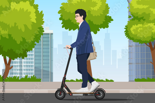 young asian business man commuting by electric push scooter in modern city