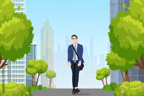 young asian business man commuting by electric push scooter in modern city