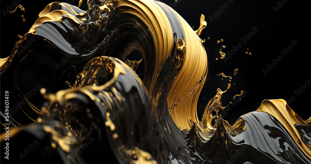 Luxury gold and black liquid background , fluid splash, swirl on white