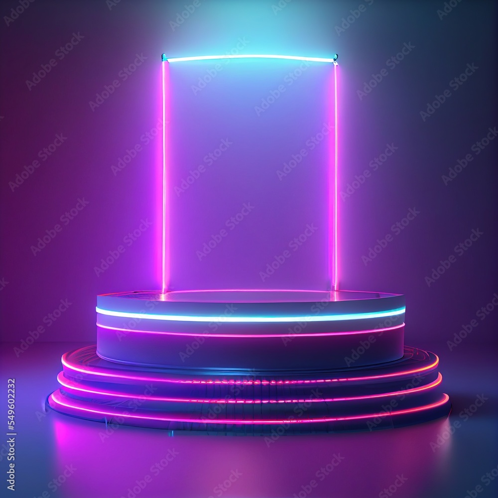 Neon cyberpunk empty podium with pedestal stage in the spotlight neon