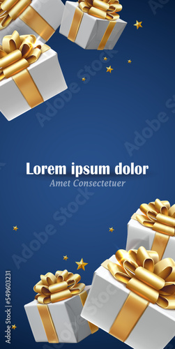 Vector illustration Merry Christmas and happy new year background. Holiday greeting banner, flyer and card.White gift boxes with golden ribbons and bows, presents banner adverticement flyer template. 