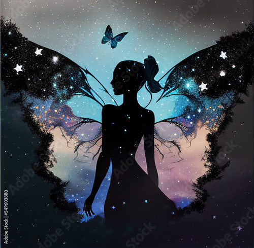 Fairy silhouette, butterfly wings with tree branches and stars in the background photo