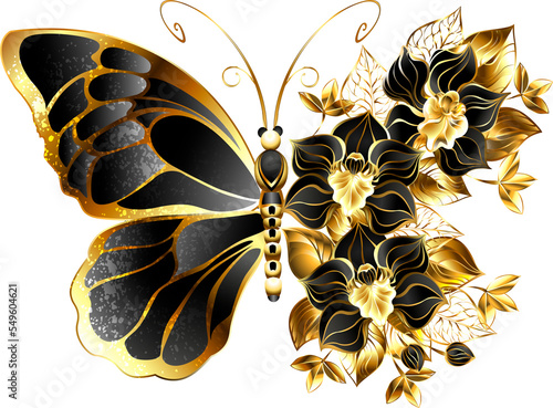 Obraz na płótnie Gold Flower Butterfly with Black Orchid