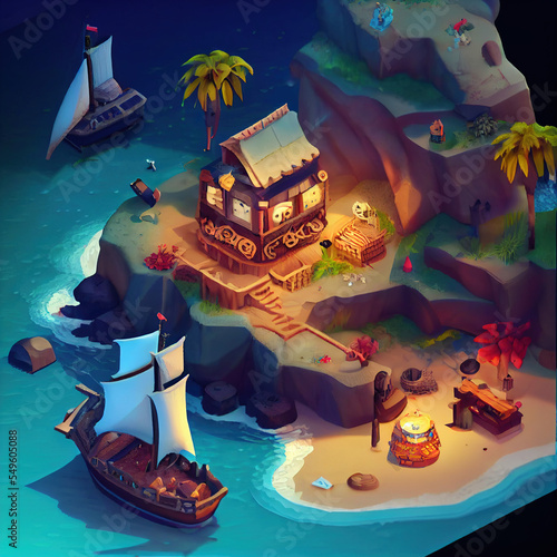 Isometric diorama of a beautiful Pirate's Cove. Low Poly Small Island.