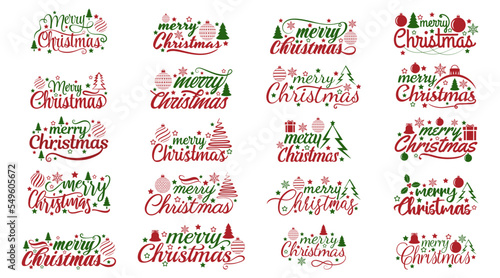 luxury merry Christmas lettering text typography handwriting set collection illustration with bauble and stars 