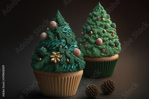 Savory beautiful christmas cupcakes with trees made of green icing with beautiful ornaments