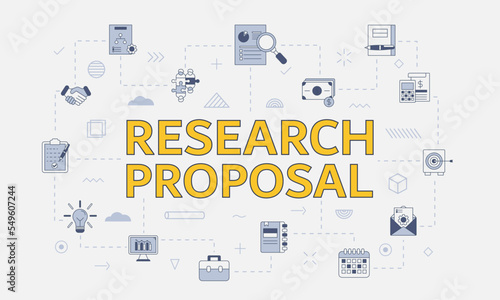research proposal concept with icon set with big word or text on center