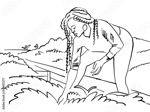 An Illustration of of a black female farmer inspecting crops on an urban farn