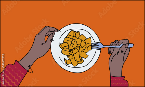 A flat lay illustration of hands eating sweet potatoes