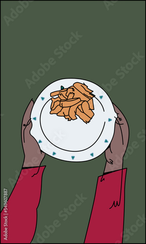 An Illustration of two hands carrying a plate with cooked wild mushrooms ndole photo