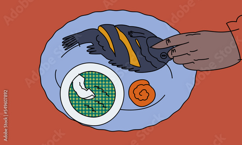 An aerial Illustration of a plate of fish, impwa eggplant) and gravy
