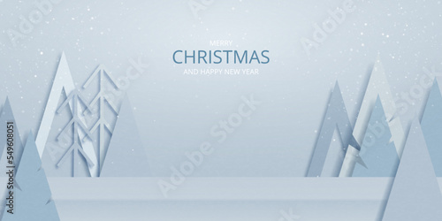 Abstract minimal winter scene for product display presentation and pine trees on geometric background.  3D Paper Art Vector illustration.