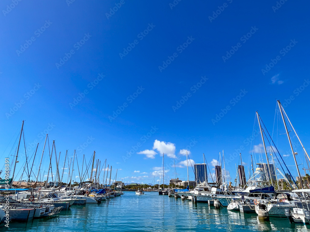 Yacht harbor with blue sky in Hawaii