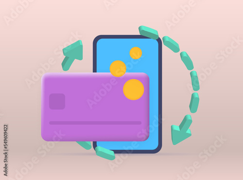 Cashback loyalty program 3d vector illustration concept. Bank card, arrows, smartphone and coins on pastel background. Retail customer money refund service