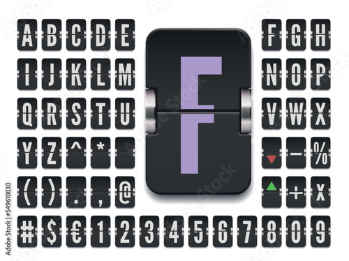 Airport terminal mechanical scoreboard alphabet with numbers for showing stock exchange rates and financial market information. Black flip board regular font to display destination vector illustration