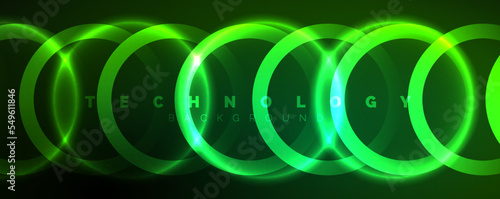 Neon glowing circles and round shape lines, magic energy space light concept, abstract background wallpaper design
