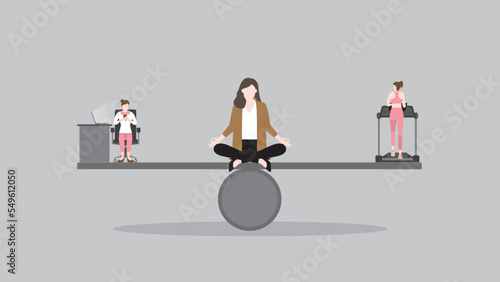 Work life balance concept. A meditation woman sits and thinks at center of seesaw beam between working at an office desk and running on a treadmill. A business lifestyle of work hard and health care.
