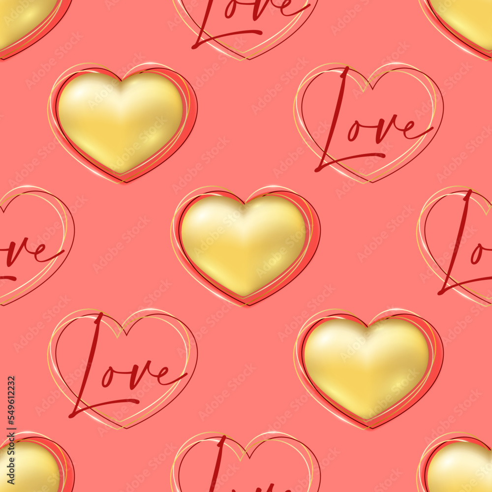 Gold hearts seamless pattern. Volumetric vector hearts with abstract lines and love lettering on pink background. Best for web, polygraphy, print and St. Valentine's Day decoration.