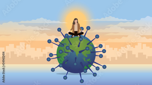 A calm businesswoman sits and meditates on an infected COVID-19 virus earth. Think of business idea solutions, problem solving from the pandemic economic downturn. In morning sunrise city background.