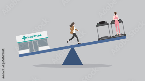 Work and life balance, priority life and health care concept. A woman runs on a seesaw between a hospital and cardio running on a treadmill at a fitness center. Exercise to stay away from sickness.