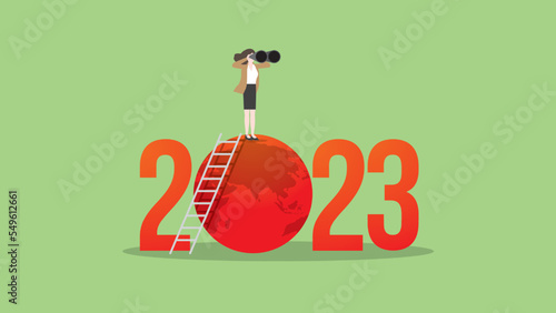 ESG and green business policy concept in the year 2023. A vision businesswoman uses binoculars. Net zero emission, carbon footprint, carbon dioxide equivalent, global greenhouse gas, save the world. photo