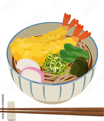 海老の天ぷらそば_年越しそば_ベクターイラスト