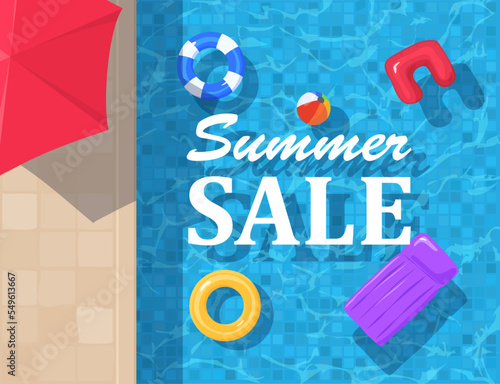 Summer sale banner with inflatable rings in swimming pool, vector illustration.