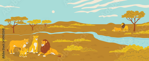 Pride or family of african lions in savanna landscape flat vector illustration.