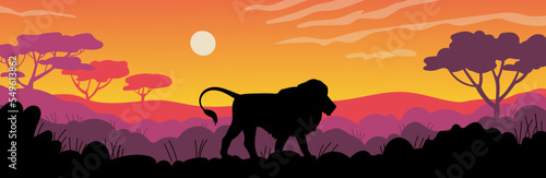 African savannah landscape with lion silhouette, flat vector illustration.