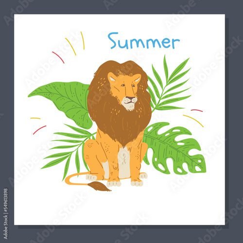 Lion sitting in palm tree leaves  summer greeting card - flat vector illustration.