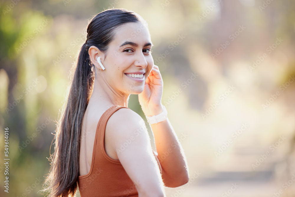 Fitness, music and park with woman in portrait for outdoor streaming with 5g network wellness, exercise and sports adventure. Nature hiking, walking or running athlete girl listening to workout audio Fitness, music and park with woman in portrait for outdoor streaming with 5g network wellness, exercise and sports adventure. Nature hiking, walking or running athlete girl listening to workout audio