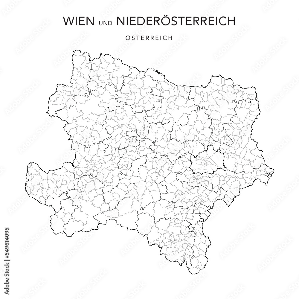 Administrative Map of the States of Lower Austria (Niederösterreich) and Vienna (Wien) and with Municipalities (Gemeinden) and Districts (Bezirke) as of 2022 - Austria - Vector Map