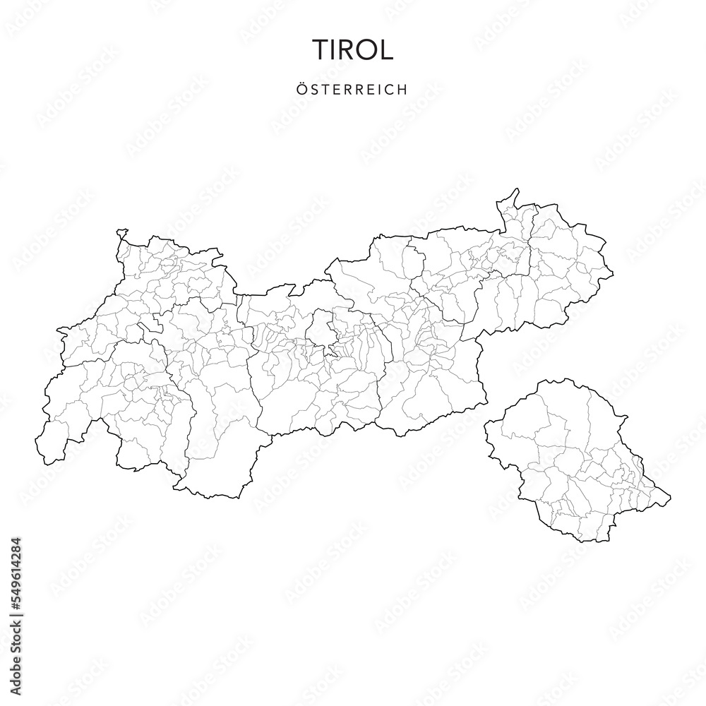 Administrative Map of the State of Tyrol (Tirol) with Municipalities (Gemeinden) and Districts (Bezirke) as of 2022 - Austria - Vector Map - obrazy, fototapety, plakaty 