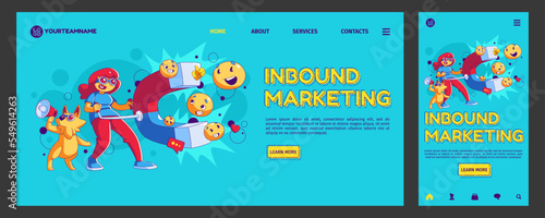 Inbound marketing landing page, app ui ux onboard screen. Digital concept with contemporary character attract clients with huge magnet. Customer retention strategy, Cartoon linear vector templates