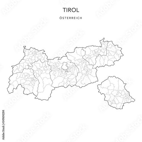 Administrative Map of the State of Tyrol (Tirol) with Municipalities (Gemeinden) and Districts (Bezirke) as of 2022 - Austria - Vector Map