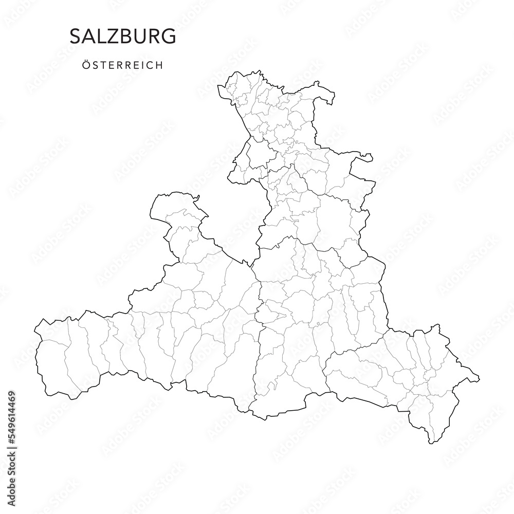 Fototapeta premium Administrative Map of the State of Salzburg with Municipalities (Gemeinden) and Districts (Bezirke) as of 2022 - Austria - Vector Map