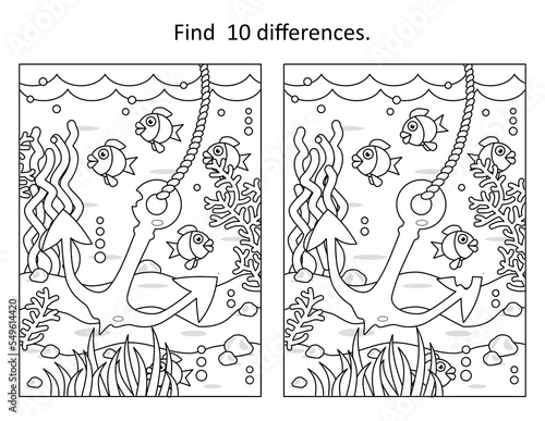 Underwater difference game with anchor and sea life
