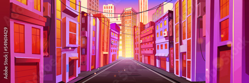 City street with road at early morning, empty morning driveway with walkways and buildings at pink sunlight perspective view. Urban architecture, megalopolis infrastructure Cartoon vector illustration