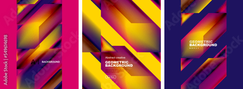 Vector set of abstract geometric poster backgrounds, colorful shapes with fluid colors. Collection of covers, templates, flyers, placards, brochures, banners