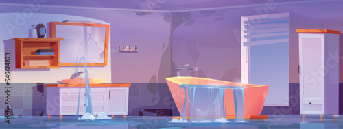 Flood in bathroom with broken plumbing. Home washroom interior with leakage from faucet and bath, water on floor, old cracked mirror and shelf with towels on wall, vector cartoon illustration