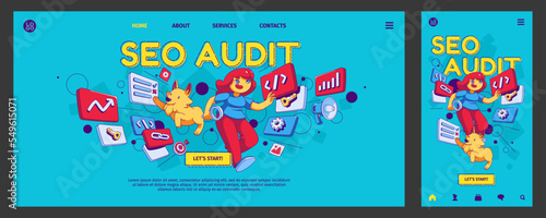 Seo audit banner. Research of keyword engine optimization, business analysis concept with girl and dog illustration in contemporary style, vector template of flexible landing page