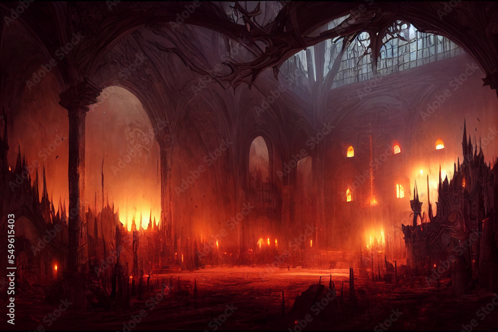Concept art illustration of dark fantasy monastery - obrazy, fototapety, plakaty 