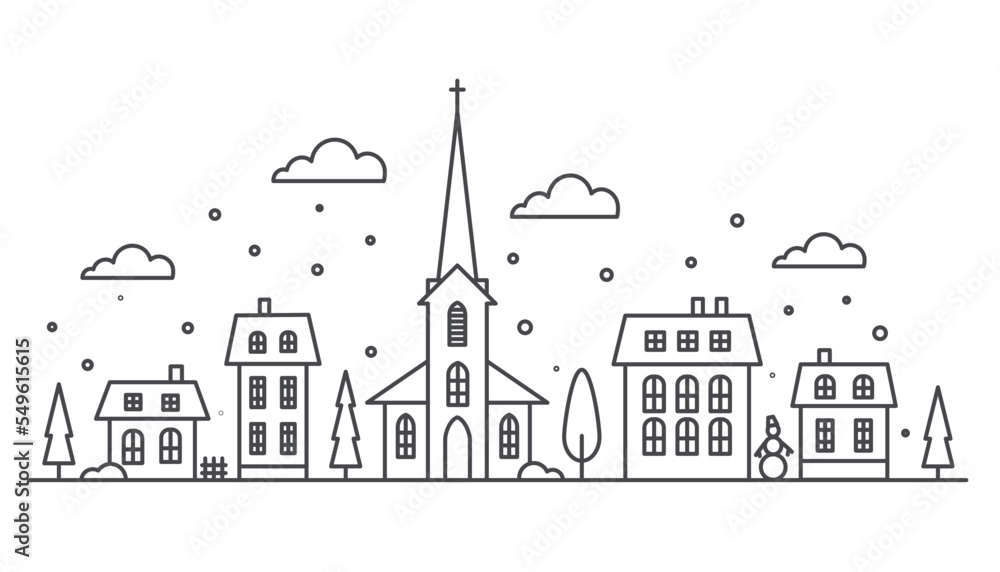 Suburban neighborhood winter landscape. Silhouette of houses and church on the skyline with snowflakes. Countryside cottage homes. Outline vector illustration.