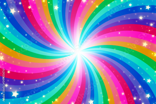 Rainbow swirl background with stars. Radial gradient rainbow of twisted spiral. Vector illustration.