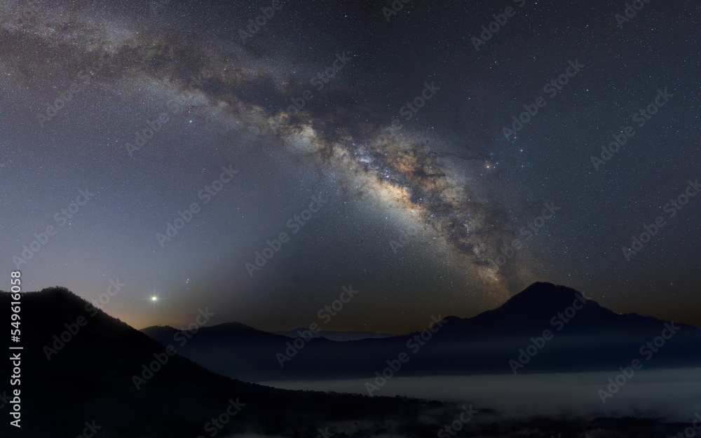 Mountain silhouettes in the night, Amazing Panorama blue night sky milky way, star, constellation on dark background.Universe filled with stars, nebula and galaxy with noise and grain.