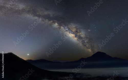 Mountain silhouettes in the night, Amazing Panorama blue night sky milky way, star, constellation on dark background.Universe filled with stars, nebula and galaxy with noise and grain.